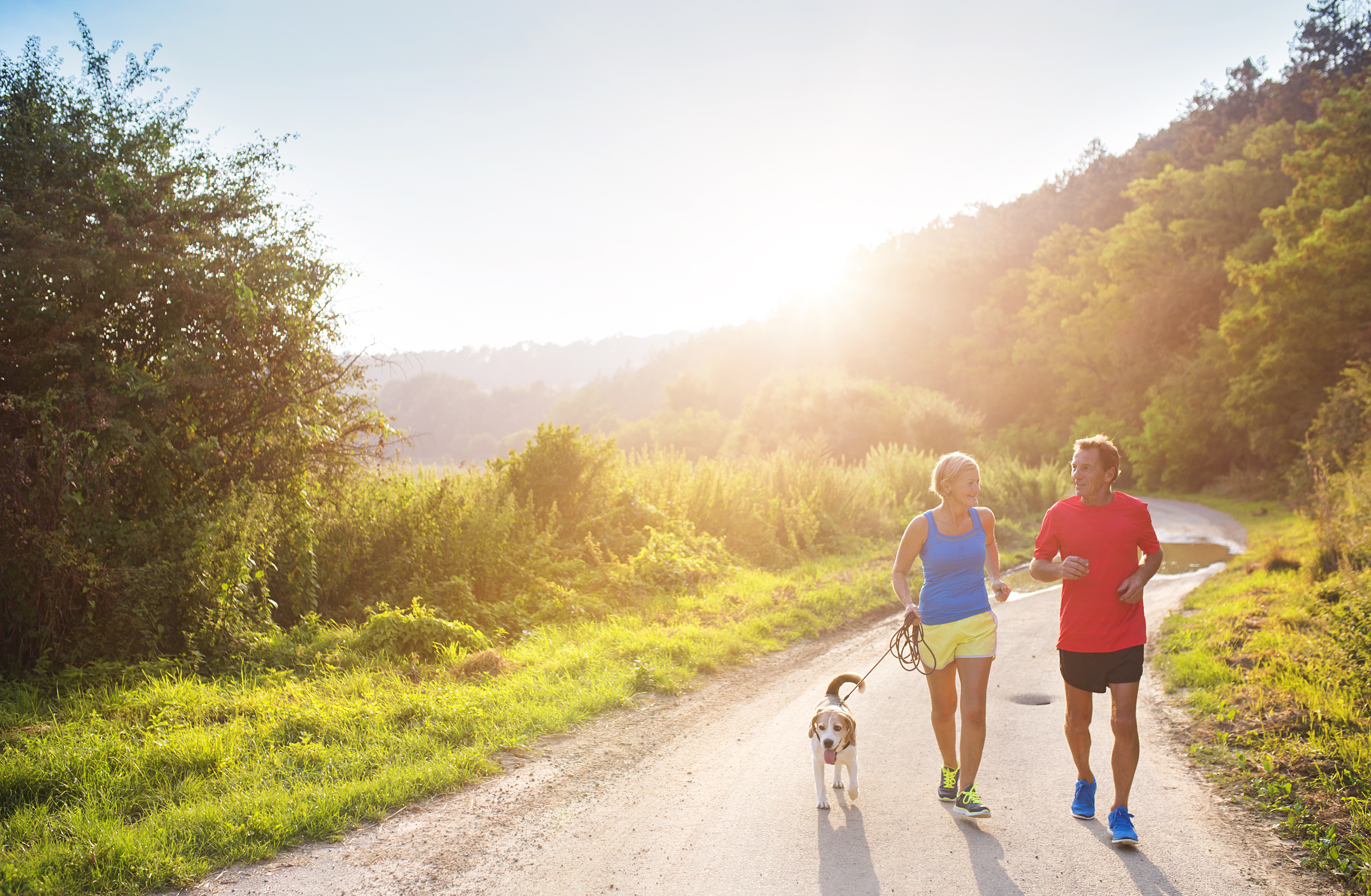 An older white couple moves along an outdoor path alongside their dog while the sun shines in the background.