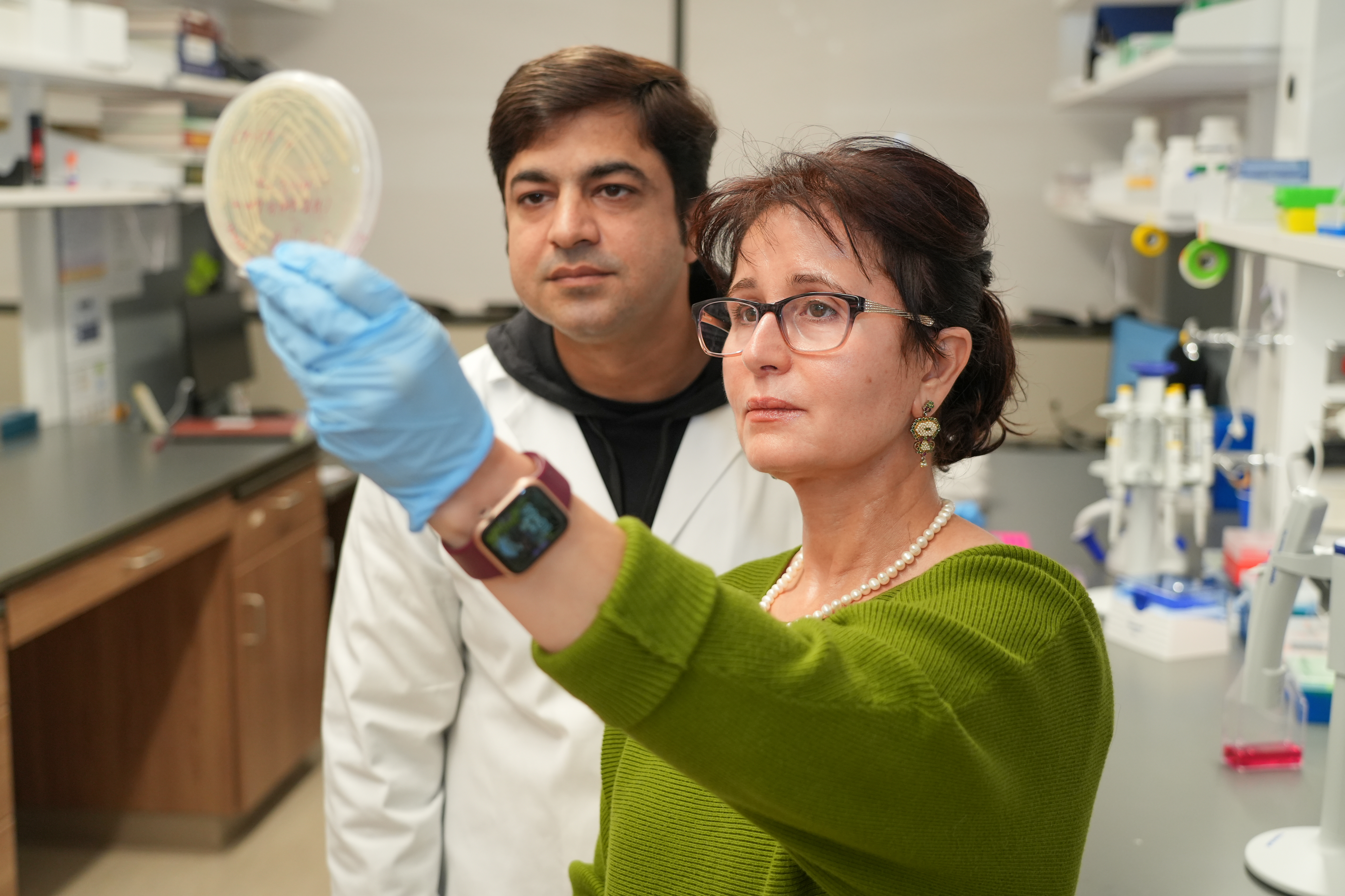 Huda Salman, M.D., Ph.D. (right), of Indiana University School of Medicine stands with Niaz Muhammad, Ph.D. (left), in a research lab.