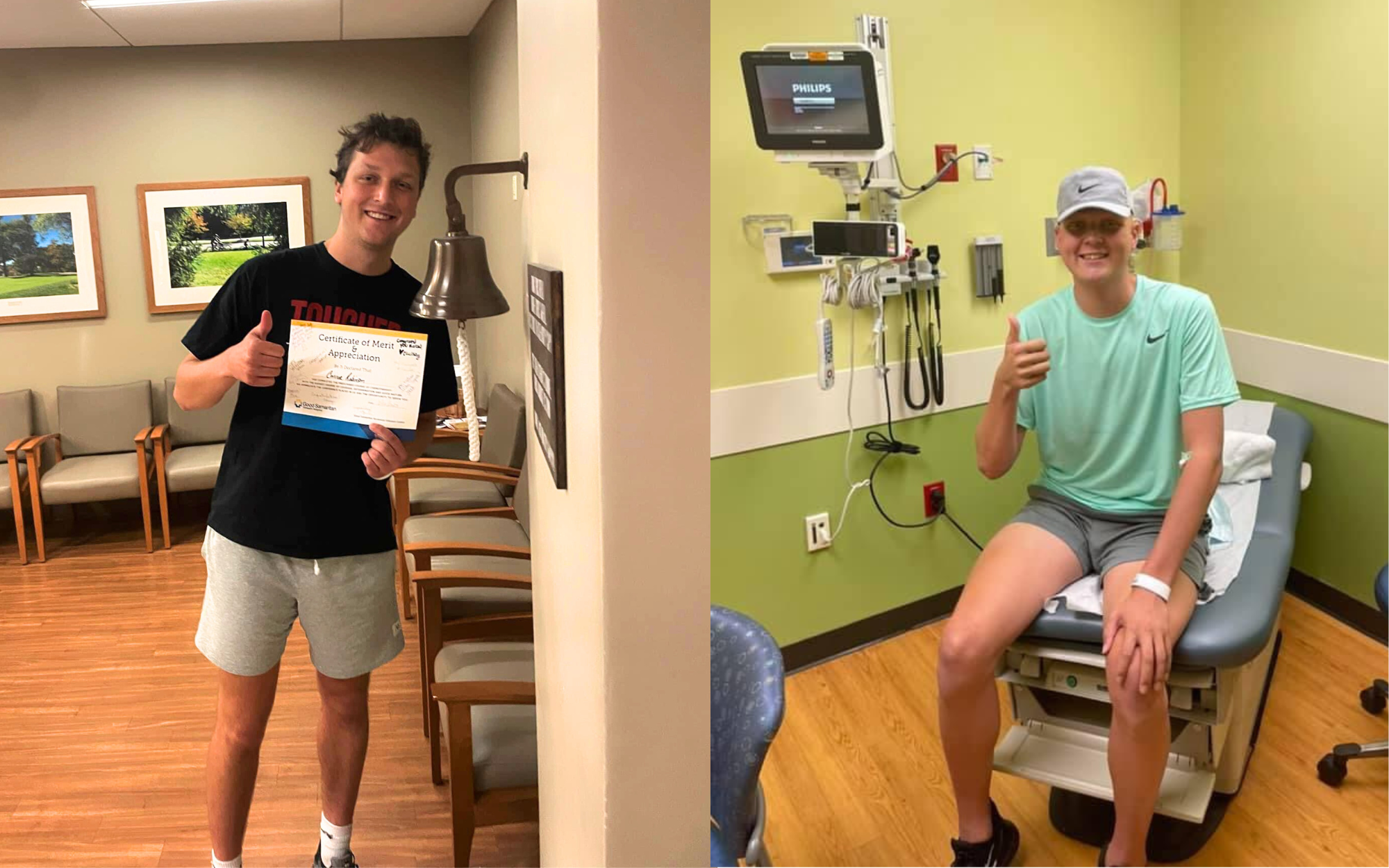 Two brothers young men with thumbs up lymphoma