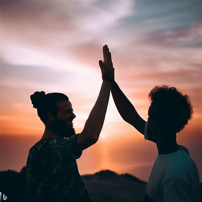 D.J. woman and man giving each other a high five with a sunset in the background