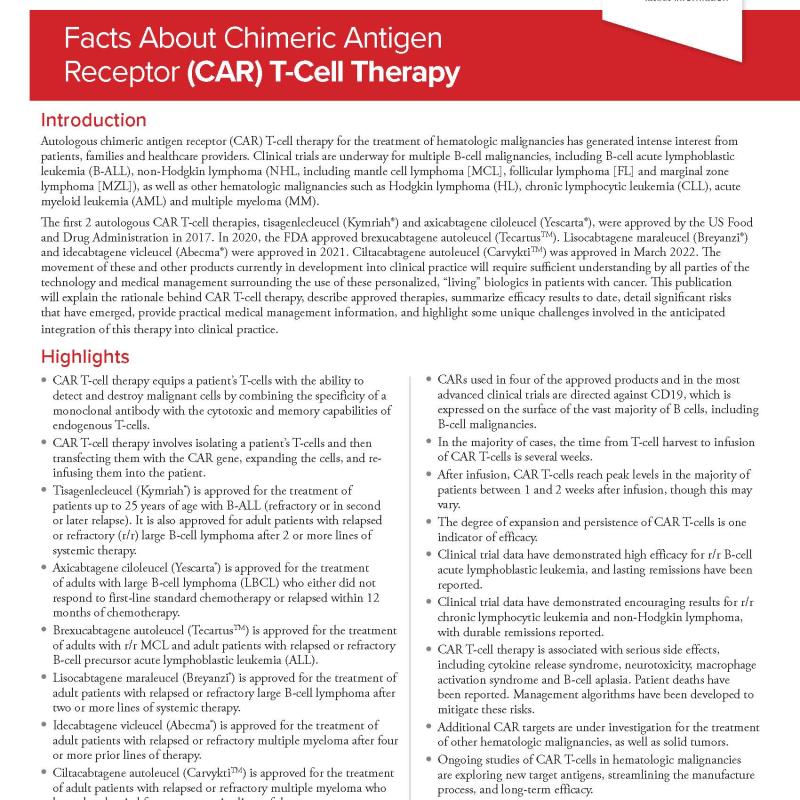 Facts About Chimeric Antigen Receptor (CAR) T-Cell Therapy