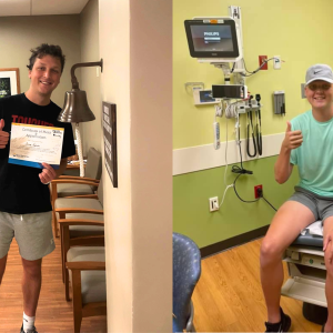Two brothers young men with thumbs up lymphoma