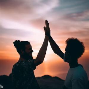 D.J. woman and man giving each other a high five with a sunset in the background