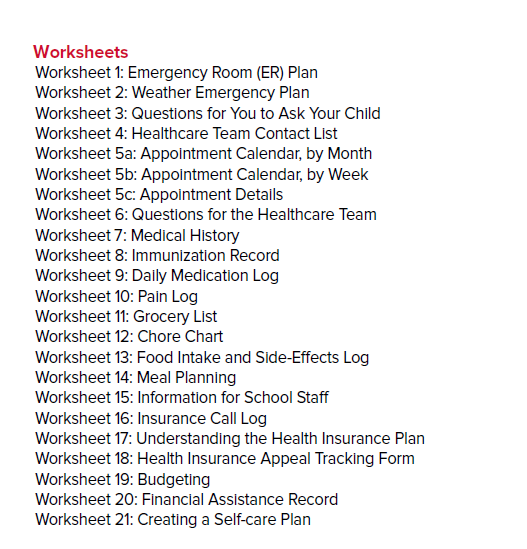 Worksheets from The Caring for Kids and Adolescents Workbook