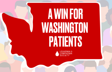 Diverse patients in the background with the outline of Washington on top, reading: "A win for Washington patients."