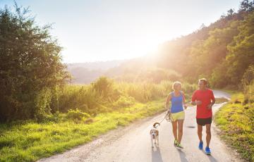 An older white couple moves along an outdoor path alongside their dog while the sun shines in the background.