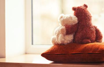 Two embracing teddy bear toys sitting on window-sill