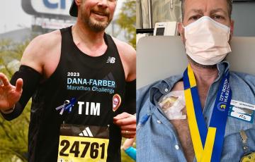 middle aged white man with beard and mustache shown in two photos one running a marathon one in the hospital wearing a mask